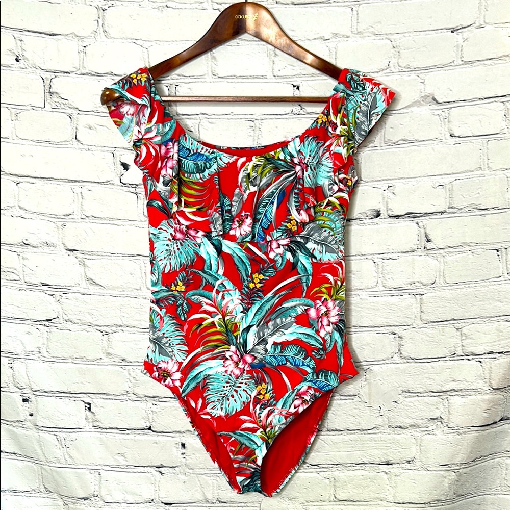 Skye Tropical Red Tropical Print Ruffle Neckline One-Piece Swimsuit Size X-Large